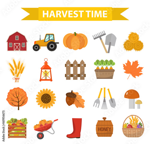 Autumn harvest time icons set flat cartoon style. Harvesting collection of elements design. Farm, thanksgiving day concept, argoticulture. Isolated on white background. Vector illustration