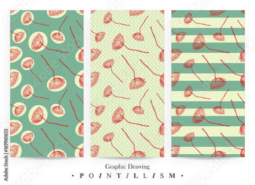 Fototapeta Naklejka Na Ścianę i Meble -  Set of seamless patterns with red Poppy flowers and green stripes on yellow background. Graphic drawing, pointillism technique. Botanical natural collection. Floral illustration .drawn by hand