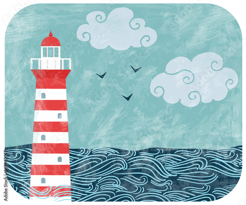 Vector vintage illustration with red and white lighthouse in the ocean, waves, birds and clouds