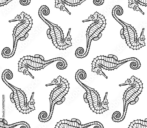 Vector seamless pattern from seahorse silhouette. Hippocampus illustration