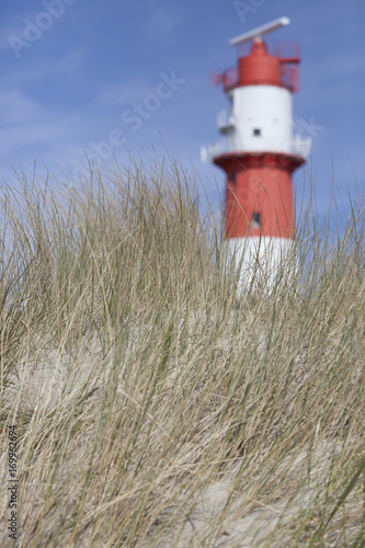dune grass and beautiful red and white lighthouse in the background