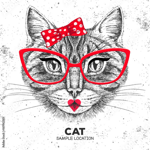 Retro Hipster animal cat. Hand drawing Muzzle of animal cat. Girl of 60s