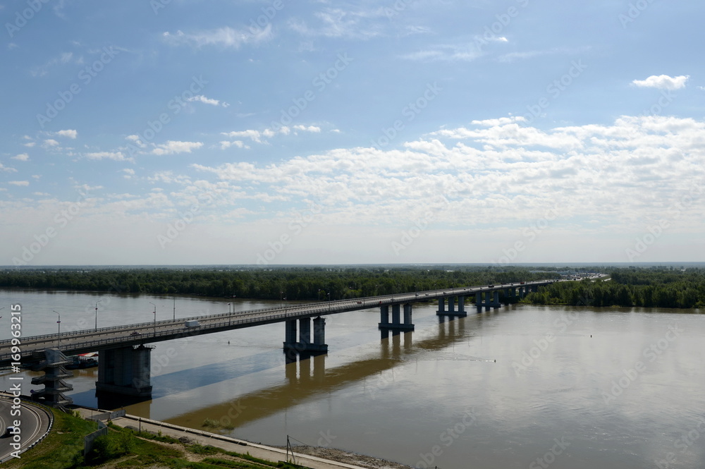 Automobile bridge over the Ob river in Barnaul.