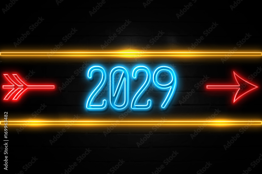 2029  - fluorescent Neon Sign on brickwall Front view - obrazy, fototapety, plakaty 