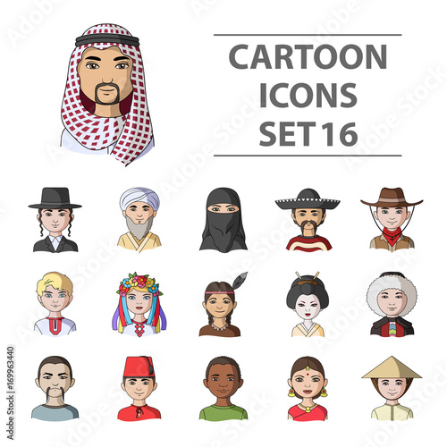 Chinese, russian, american, arab, indian, Turk and other races. The human race set collection icons in cartoon style vector symbol stock illustration web.