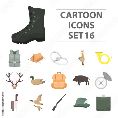 Hunting set icons in cartoon style. Big collection of hunting vector illustration symbol.