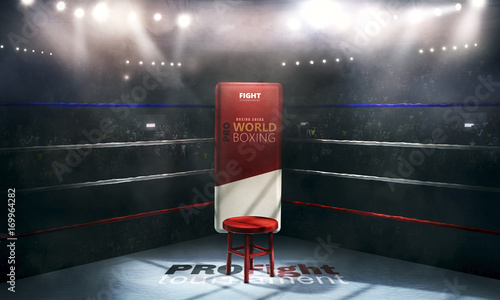 professional boxing arena in lights with chair 3d rendering