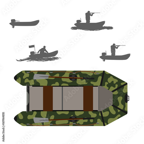 ,Rubber boat. Color camouflage. Silhouette of a fisherman and a hunter in a boat. Isolate on white background.