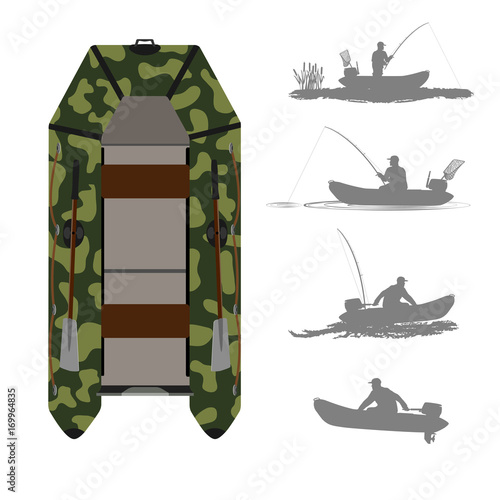 ,Rubber boat. Color camouflage. Silhouette of a fisherman and a hunter in a boat. Isolate on white background.