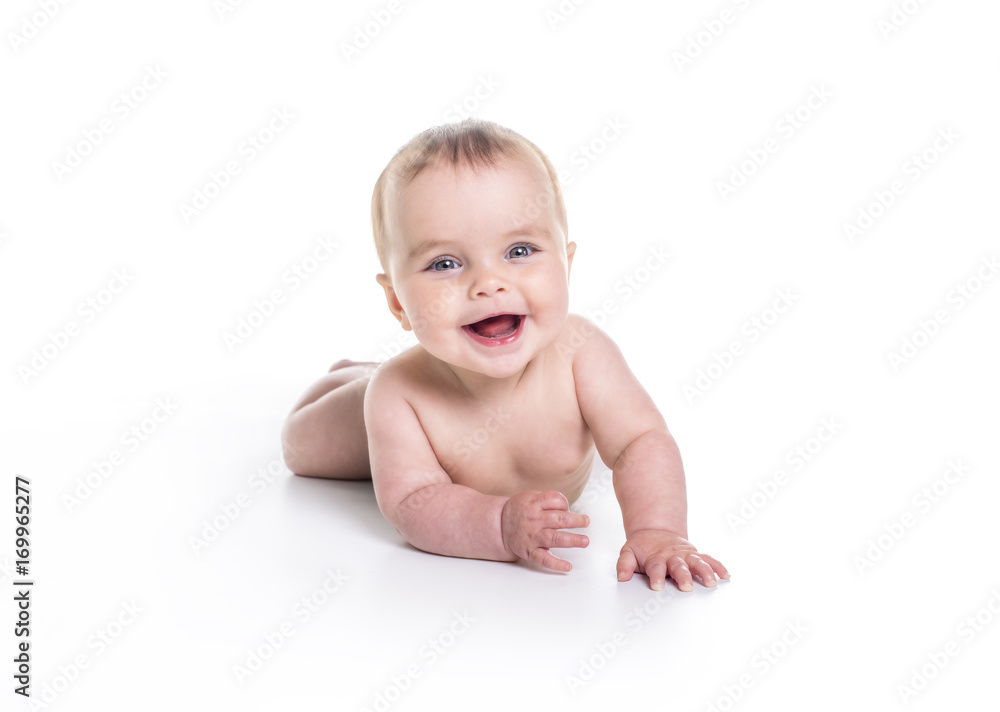 Sweet little girl on the floor of studio white background Sweet little girl on the floor of studio white background