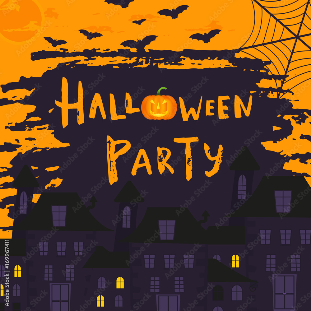 Happy halloween poster design with traditional symbols and hand drawn lettering