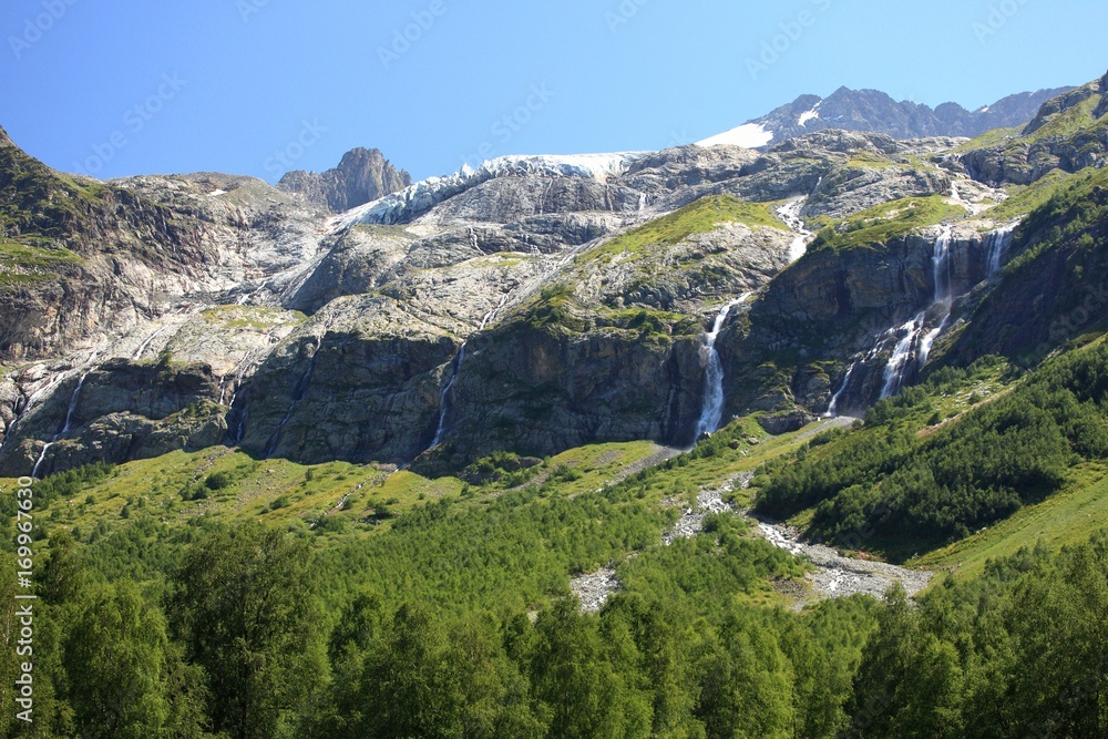 Panorama of a mountain range with waterfalls