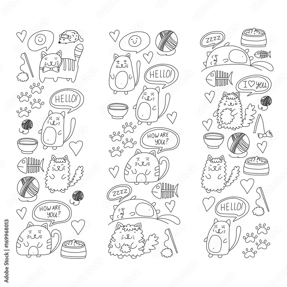 Cute doodle cats, kitty Domestic cats Vector sets with cute kittens for pet shop, cattery, veterinary clinic Doodle pattern for banner, poster, textile Children kids drawing for kindergarten