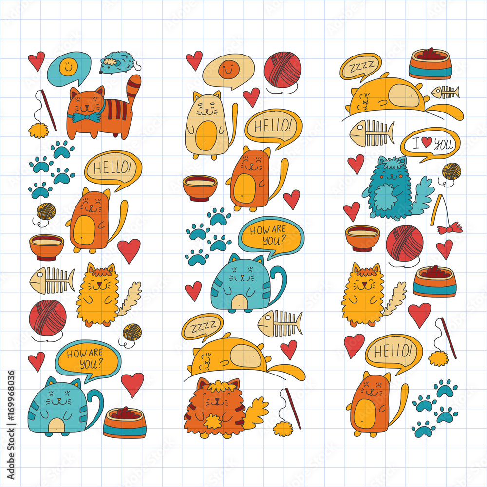 Cute doodle cats, kitty Domestic cats Vector sets with cute kittens for pet shop, cattery, veterinary clinic Doodle pattern for banner, poster, textile Children kids drawing for kindergarten Cute doodle cats, kitty Domestic cats Vector sets with cute kittens for pet shop, cattery, veterinary clinic Doodle pattern for banner, poster, textile Children kids drawing for kindergarten
