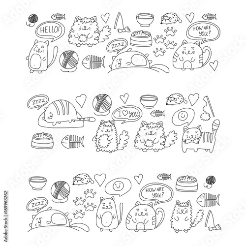 Cute doodle cats  kitty Domestic cats Vector sets with cute kittens for pet shop  cattery  veterinary clinic Doodle pattern for banner  poster  textile Children kids drawing for kindergarten