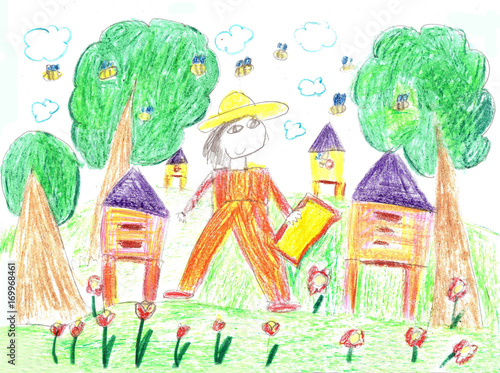 Child's drawing beekeeper in a field holding honeycomb frame