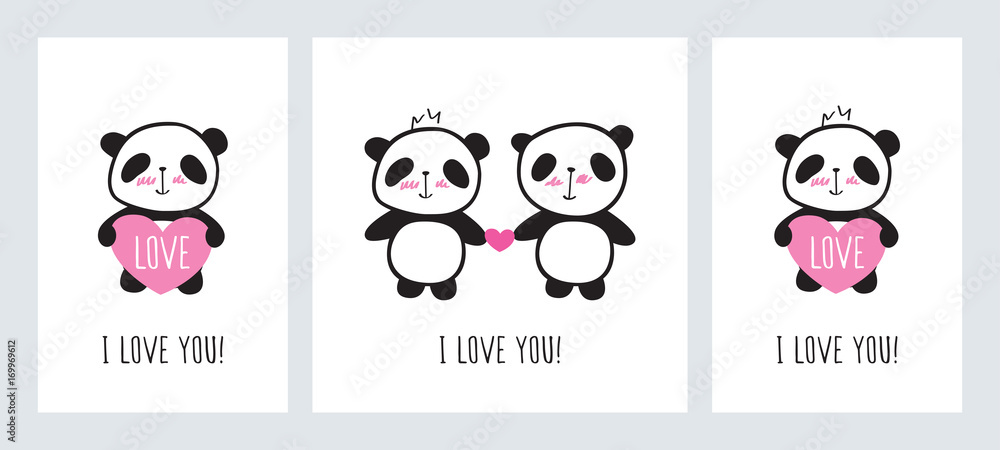 Fototapeta premium Set of Greeting cards for Valentine's Day, birthday, Mother's Day, wedding with cute pandas and hearts. Doodles, sketch for your design. Vector.