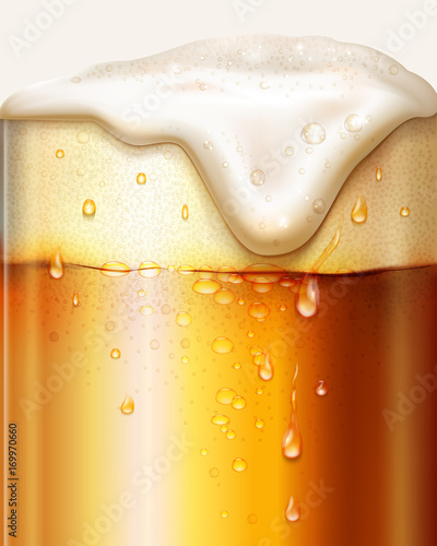 Beer. Oktoberfest background. Realistic beer in a glass with foam and bubbles. Vector illustration. 