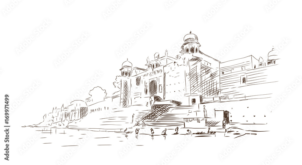 Sketch of Varanasi ghat in vector illustration.