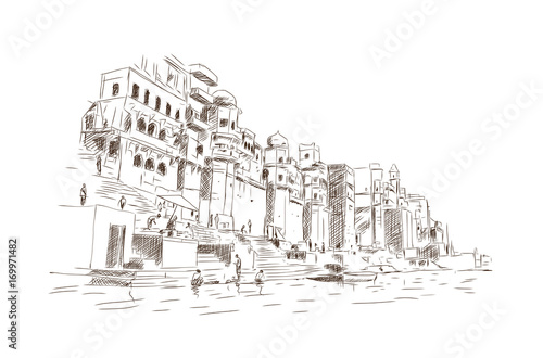 Sketch of Varanasi ghat in vector illustration.