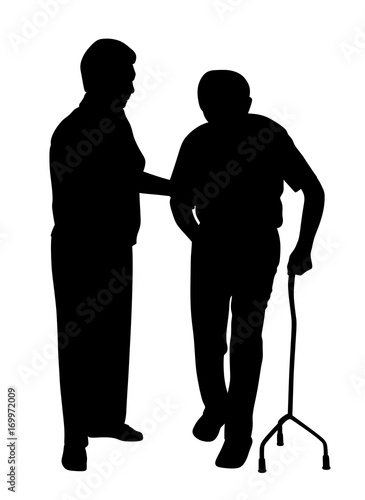 Disabled man walking with woman