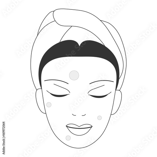 Vector icon illustration for anti-acne face skin care promotion: woman face with anti acne spot patches. Blemishes or pimples spot removers patches could be gel or hydrogel.