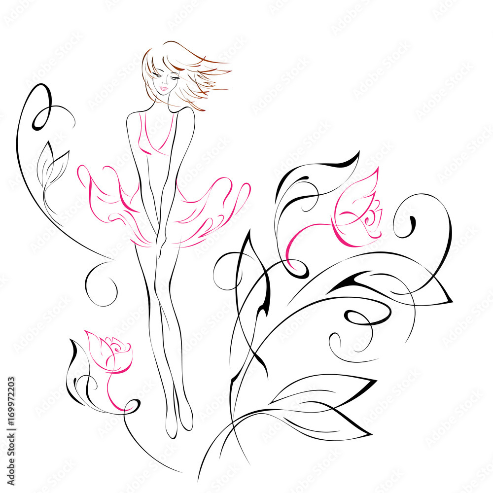 silhouette 19. a slender girl stands among the flowers, and the wind ruffles her dress silhouette 19. a slender girl stands among the flowers, and the wind ruffles her dress