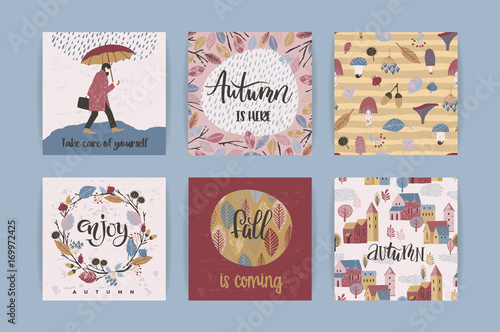 Set of artistic creative autumn cards. Hand Drawn textures and brush lettering.