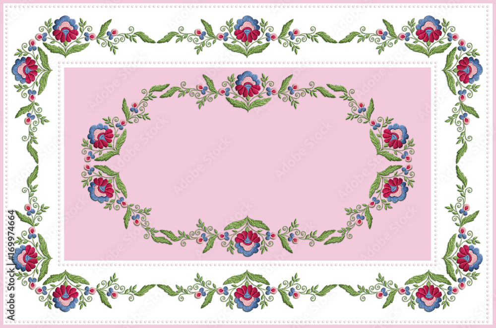  White frame with beads and the pattern of garland with stylized flowers with leaves and pink center with a wreath of flowers
