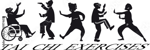EPS 8 vector silhouette of a group of mature people, including a paraplegic, practicing tai chi, no white objects