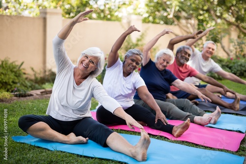 Fotografie Portrait of smiling senior friends exercising at park