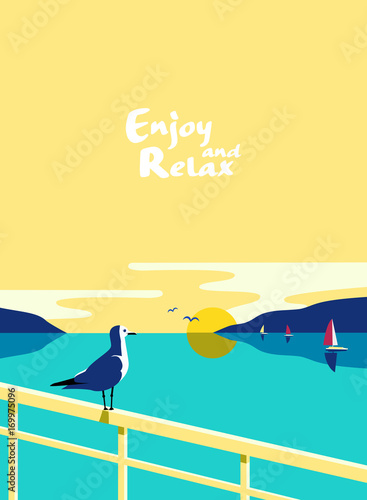 Nautical poster concept. Blue sea scenic view. Marine yacht sailing on blue water. Hand drawn cartoon retro style. Maritime vector Illustration of recreation on seashore. Seaside banner background