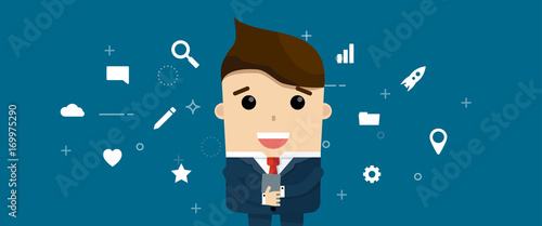 vector illustration of businessman with phone icons