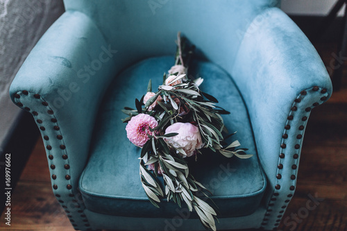wedding bouquet on a couch