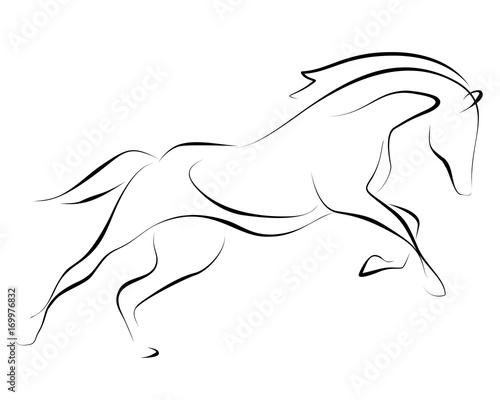 Fototapet Running black line horse on white background. Vector graphic.