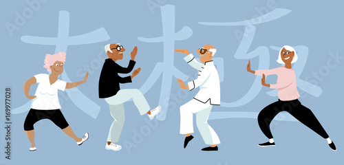 Diverse group of senior citizens doing taichi exercise, word tai chi written in Chinese on the background, EPS 8 vector illustration