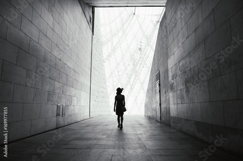 Tourist walking. Black and white. photo