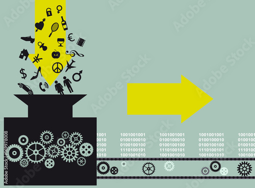 Conceptual illustration of a machine, converting assorted symbols of things and ideas into blocks of information, EPS 8 vector illustration 