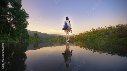 Asian girl with the lake,Huizhou,China