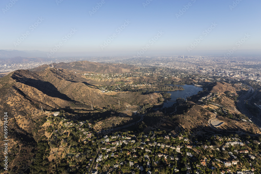Aerial view of Mt. Lee, Mt. Hollywood, Griffith Park and hillside homes in Los Angeles, California.  