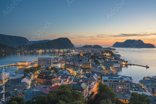 ??lesund, Norway - Panorama of the Town at Sunset photo