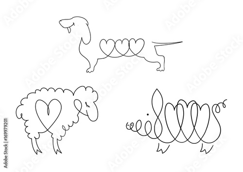 Set of line images of domestic animals - dogs, sheep, pigs.