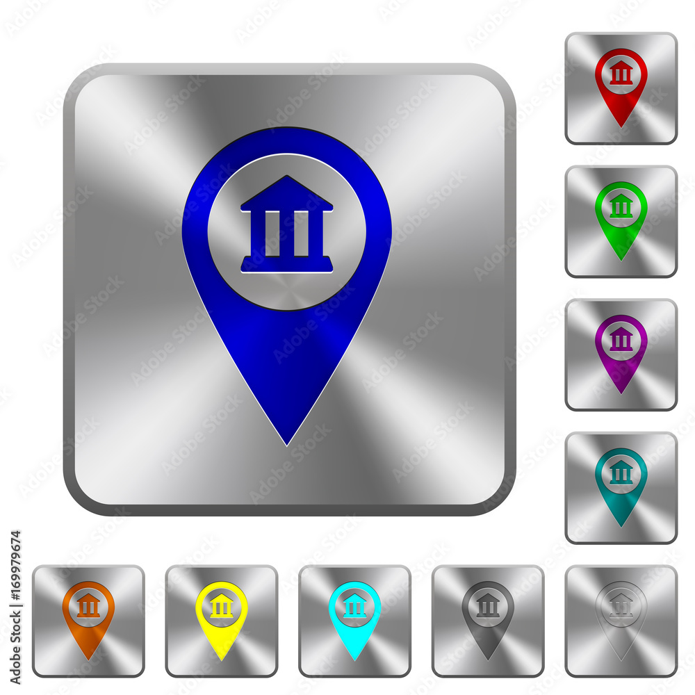 Bank office GPS map location rounded square steel buttons Bank office GPS map location rounded square steel buttons