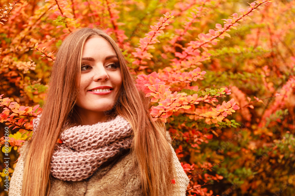 woman against autumnal leaves outdoor woman against autumnal leaves outdoor