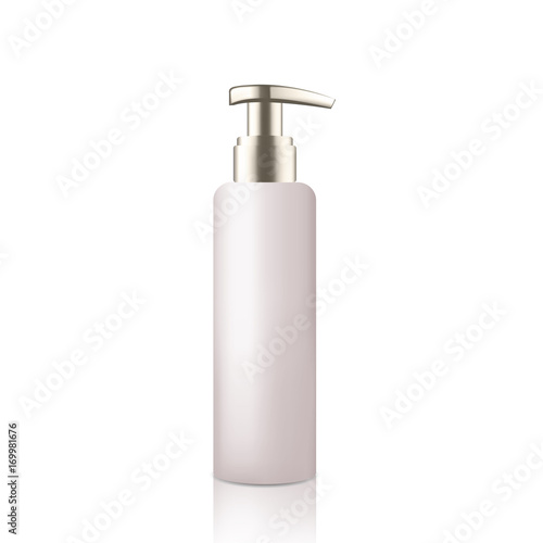 Mock up cosmetic white bottle with silver lid for cream soap gel shampoo etc. Beauty product package template, vector illustration.