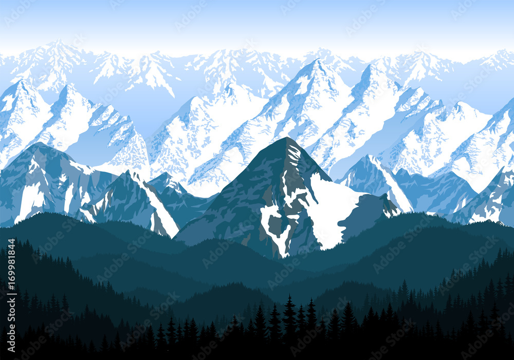 Fototapeta bezszwowe wektor niebieskie piękne góry z leśnym wzorem panoramy