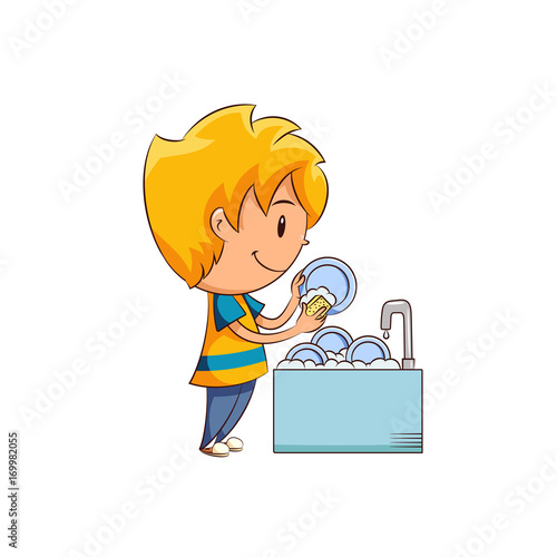 Kid washing dishes