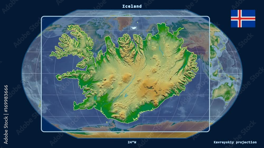 Iceland - 3D tube zoom (Kavrayskiy VII projection). Bumps shaded