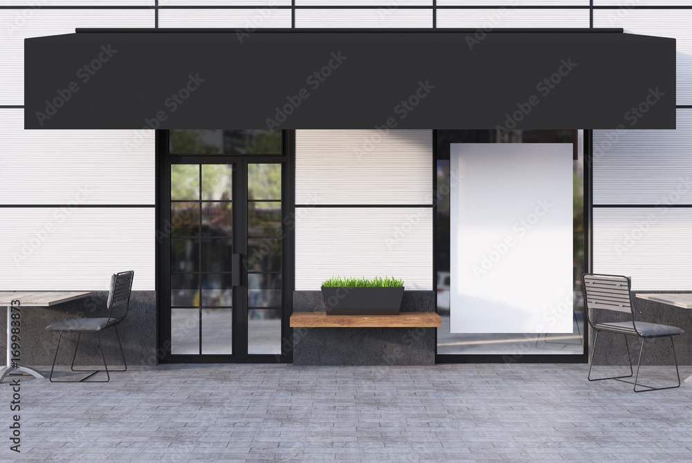 White cafe exterior with a blank poster White cafe exterior with a blank poster
