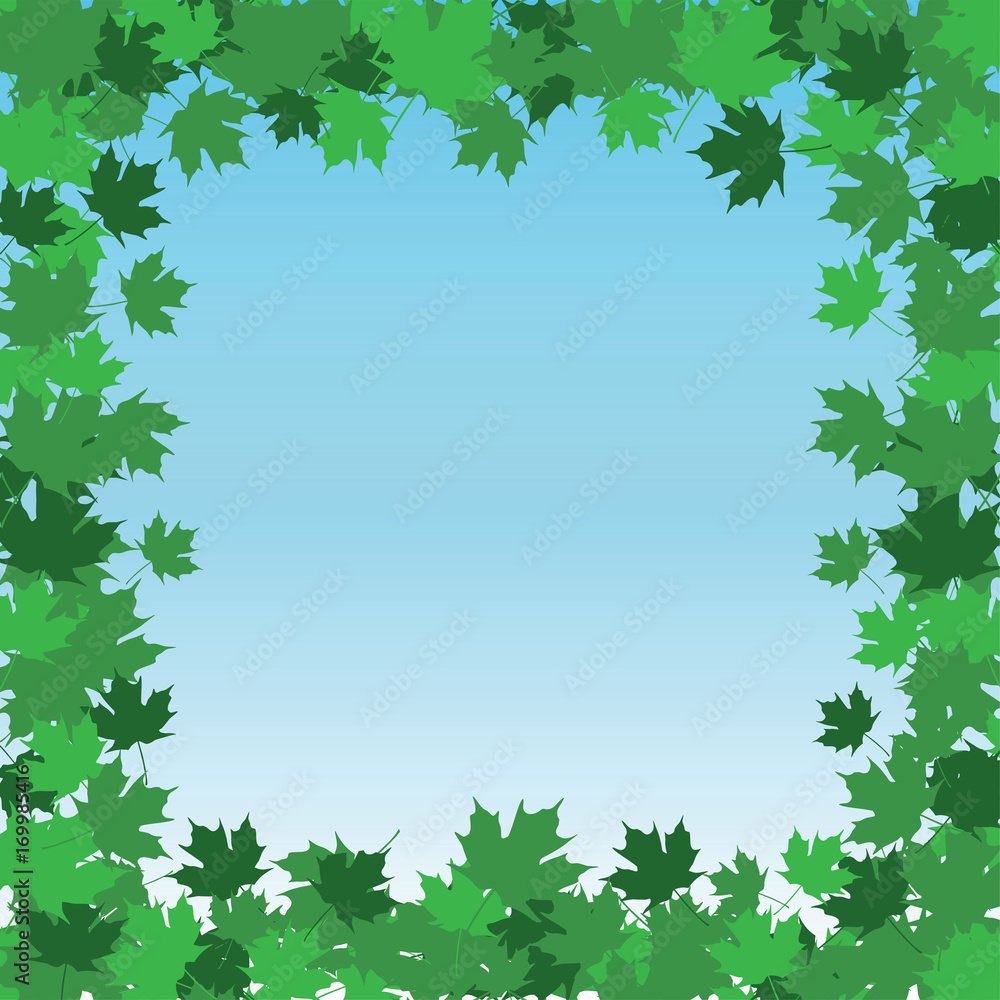 Leaf Border Frame - Summer is an illustration of a frame or border made up of spring and summer leaves colored in shades of green with a blue sky background. Leaf Border Frame - Summer is an illustration of a frame or border made up of spring and summer leaves colored in shades of green with a blue sky background.